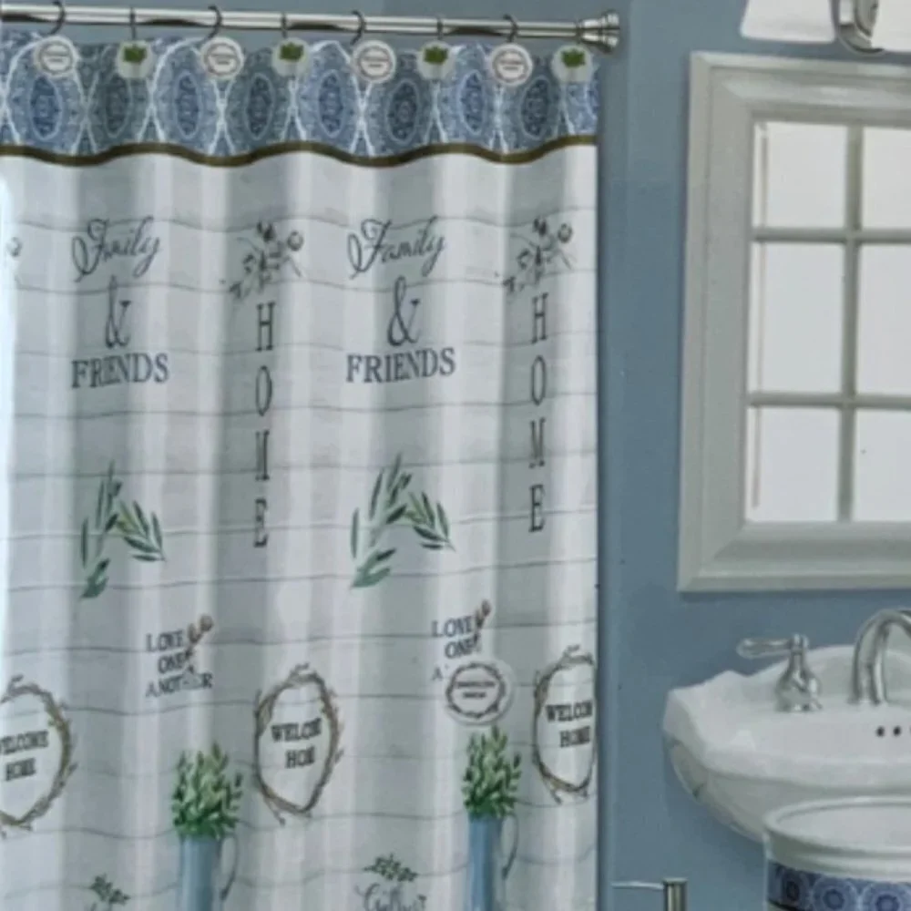 Modern Farmhouse Fabric Shower Curtain White Blue Multicolor 72 in X 72 in